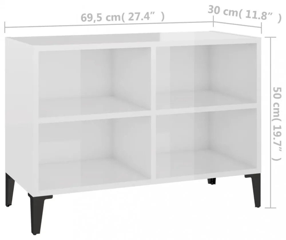 magasfényű fehér TV-szekrény fémlábakkal 69,5 x 30 x 50 cm