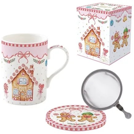 Porcelán szűrősbögre tetővel, 350ml, dobozban, Sweet Christmas
