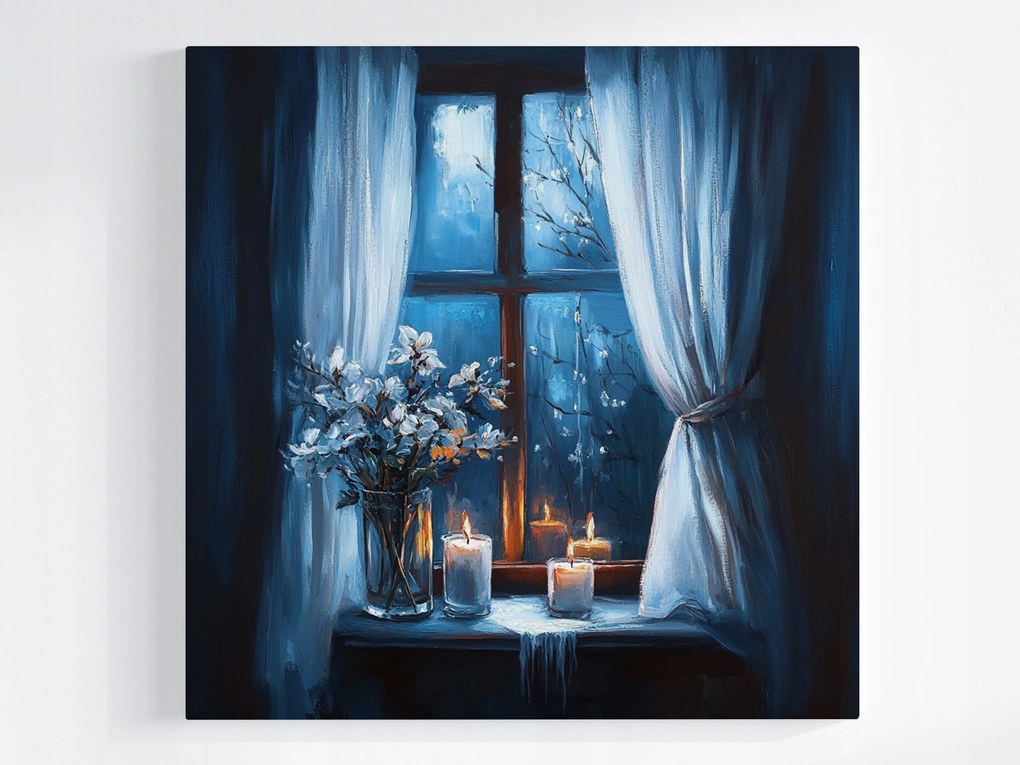 Vászonkép Canvas Ablak Este Éjszaka Gyertyák Virágok Hangulat Kilátás 80x80