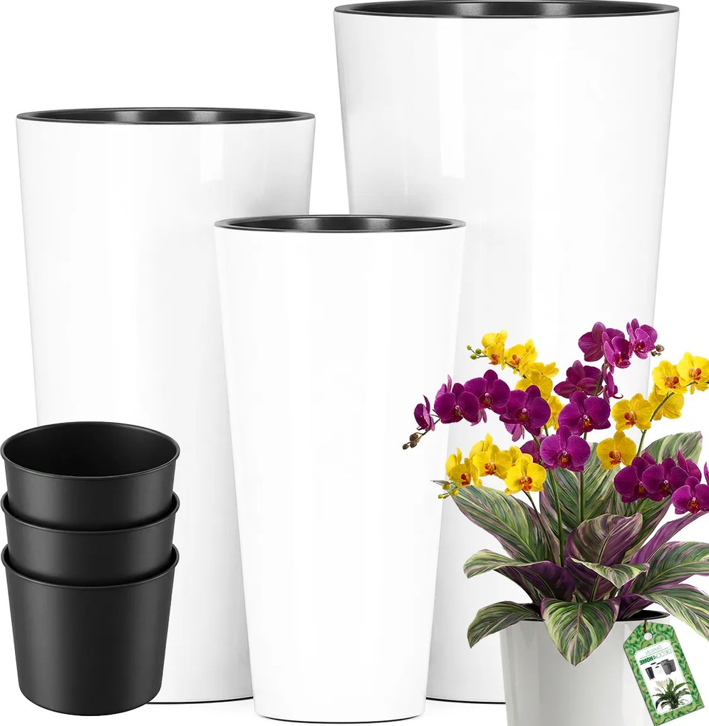 3 db-os Virágtartó Szett Fehér Kerti Virágtartó Kerek Fényes Teraszra Utántöltő