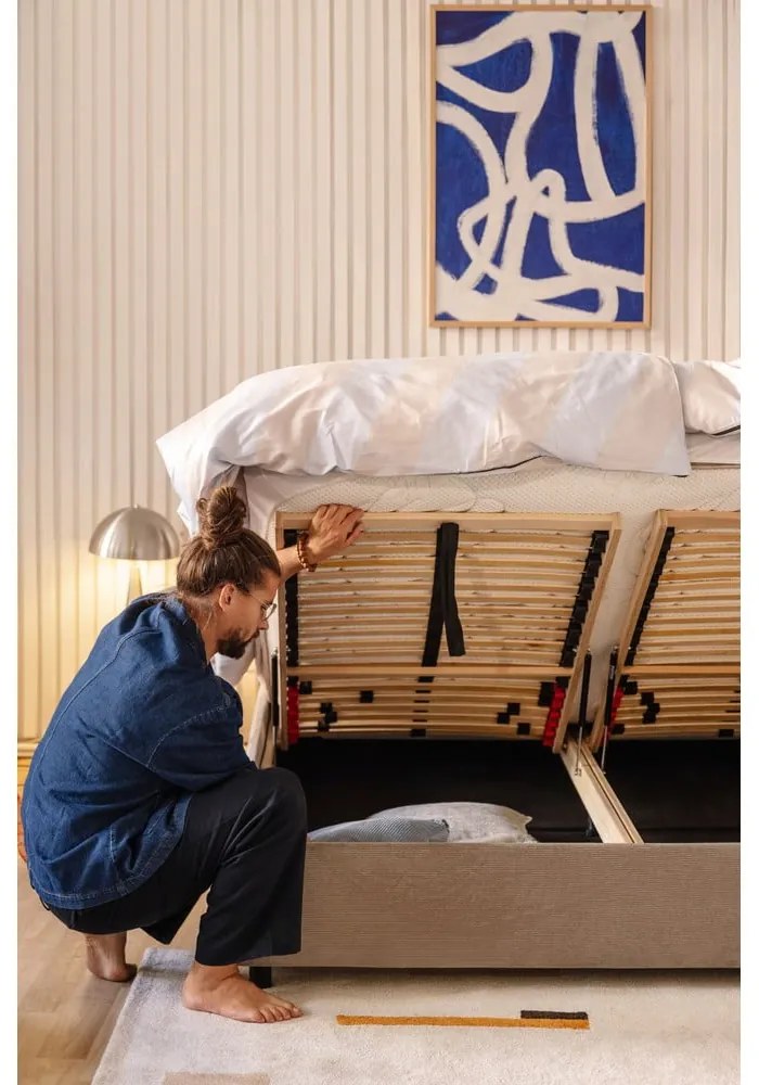 Szürkésbarna kárpitozott ágyneműtartós franciaágy ágyráccsal 180x200 cm Myra Pillow – Bonami Selection