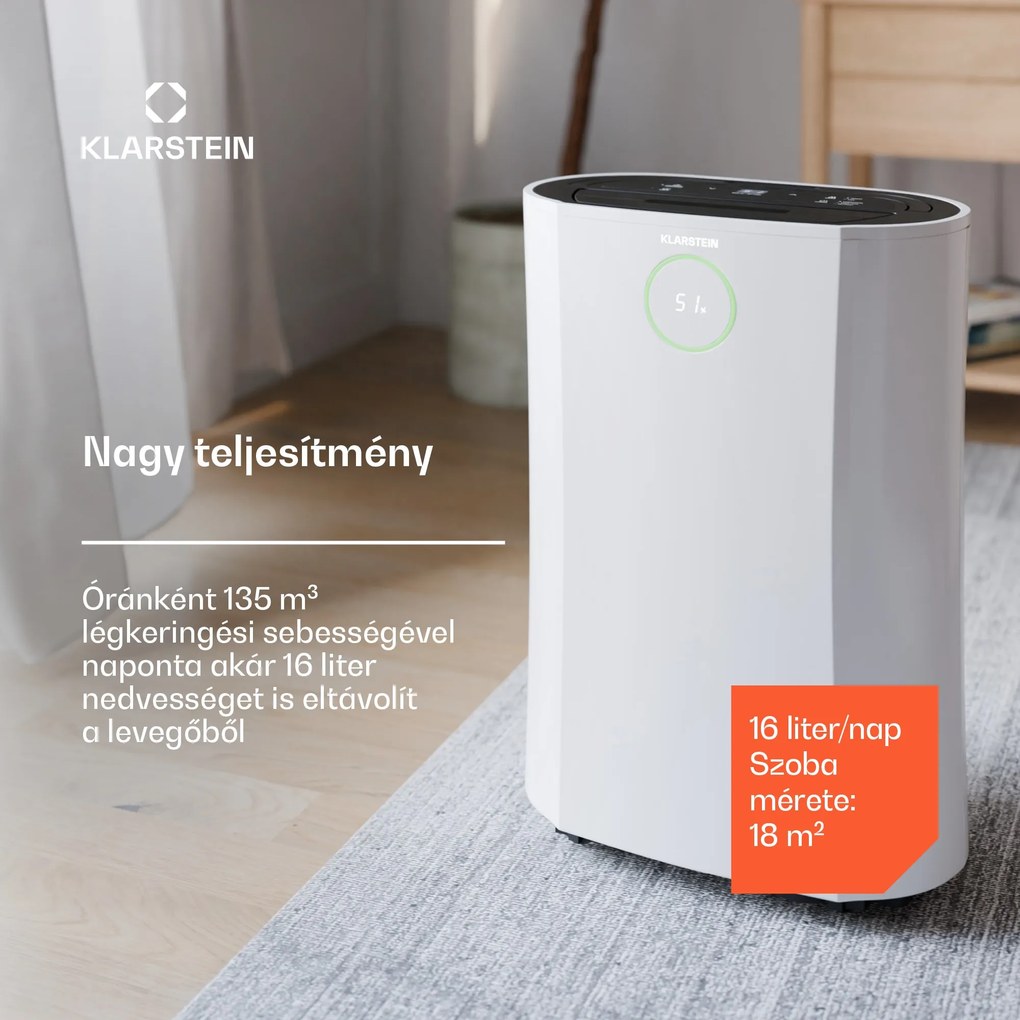 Klarstein DryFy ProConnect 16L párátlanító, 16 l/nap, 24 m², WiFi, App, LED kijelző, 24 órás időzítő
