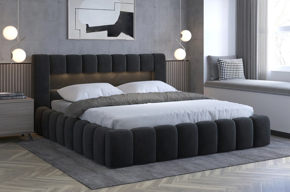 Franciaágy 140 cm Luxa (antracit) (ágyráccal, matraccal és LED-del). 1041559