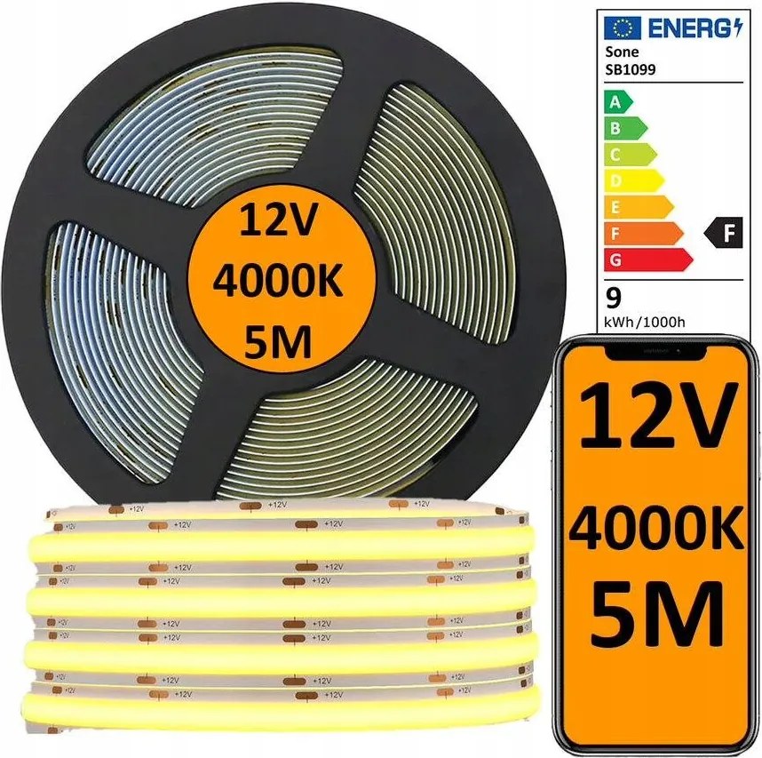 Led szalag Cob 4000K Semleges szín 5M 12V tekercs Neon 900lm/m 9W/m erős