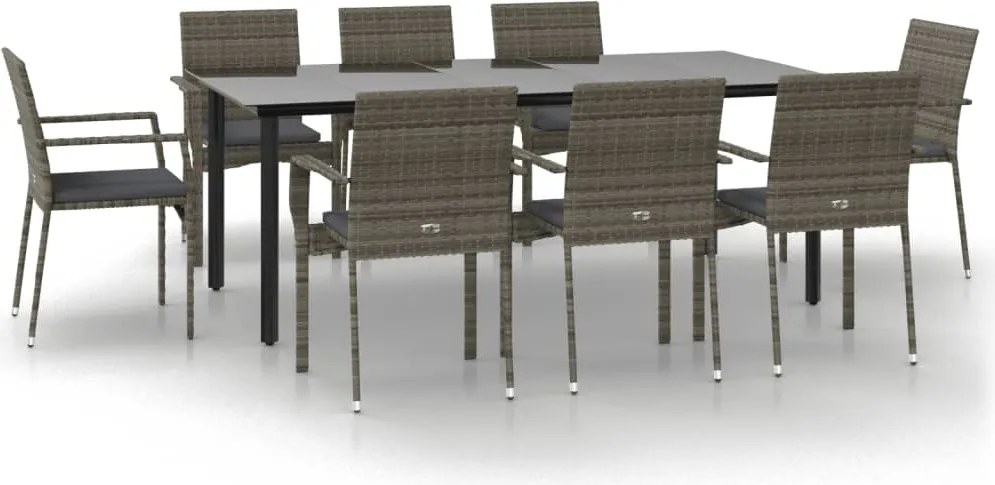 vidaXL 9 részes fekete és szürke polyrattan kerti étkezőszett párnával