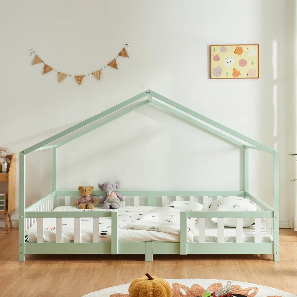 Házikó gyerekágy Treviolo leesésgátlóval és matraccal 140x200 cm mentazöld [en.casa]
