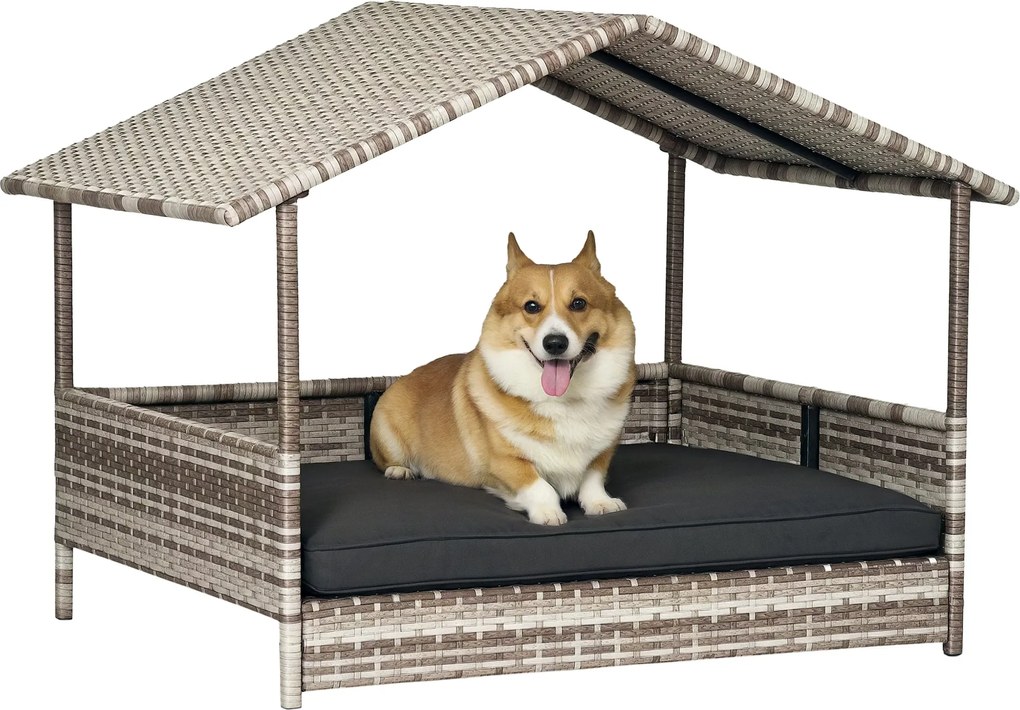 PawHut Rattan Kutya Fekhely Fedéllel, Emelt Kutya Ágy Kisméretű és Közepes Méretű Kutya Számára, Hűsítő Háziállat Fekhely Fém Vázban, Kültéri Háziálla