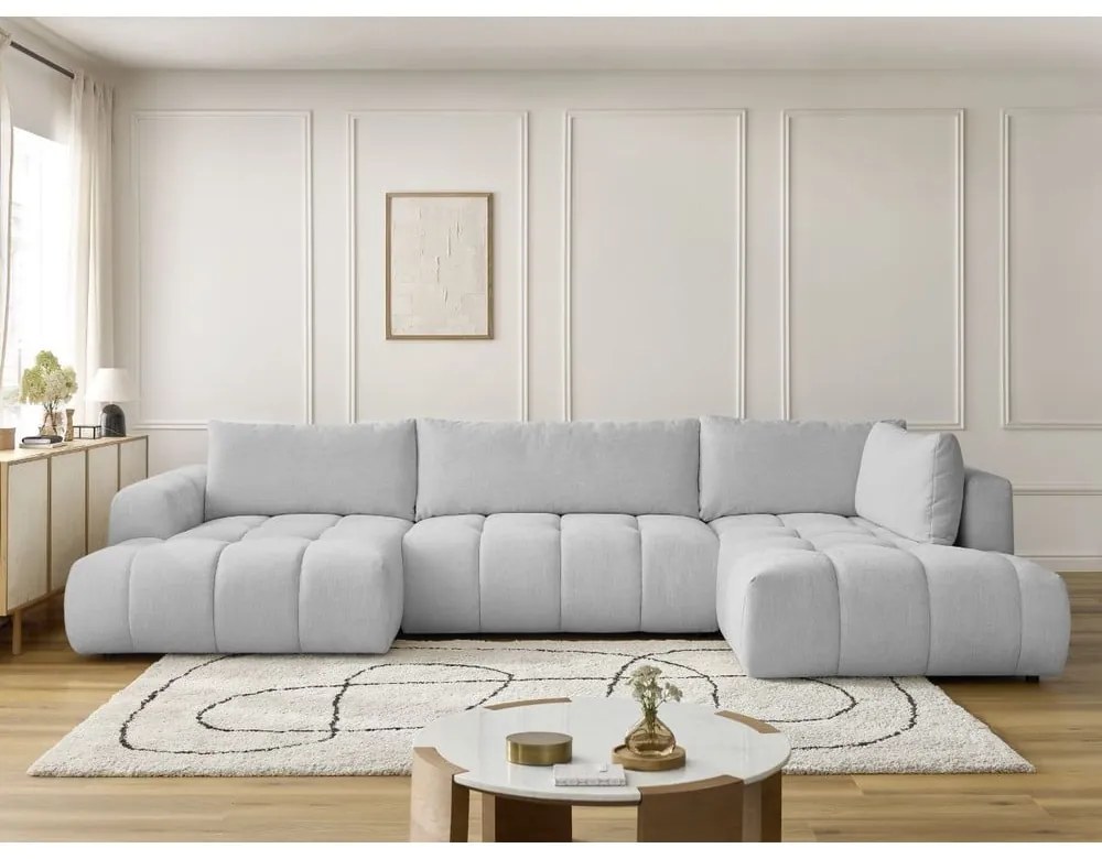 Világosszürke kinyitható-tárolóhelyes sarokkanapé (jobb oldali-U alakú) Fuji – Bobochic Paris