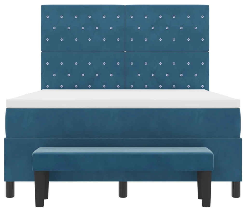 Box Spring Ágy Matraccal és Padával Sötétkék 140x190 cm Bársony