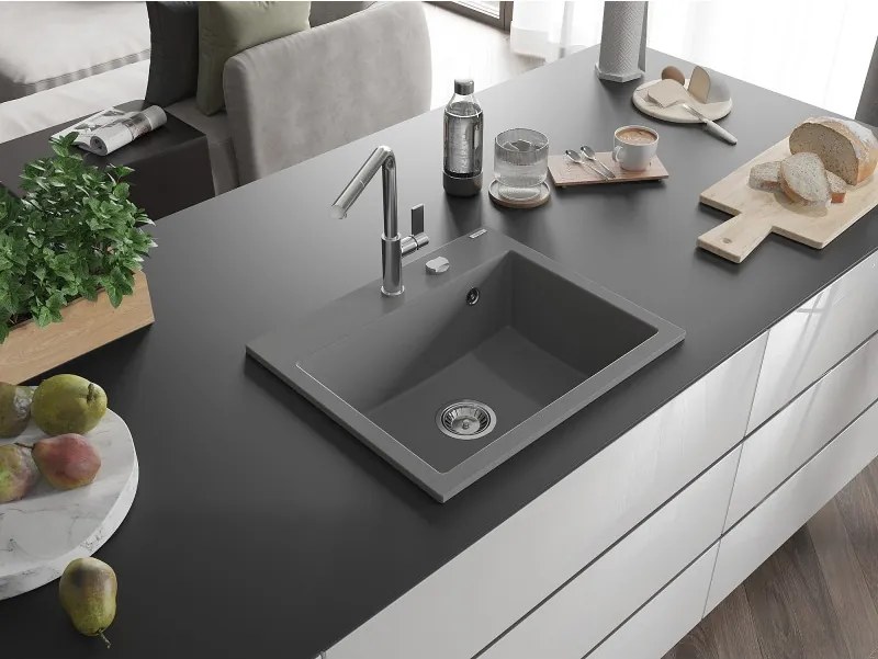 Mexen Oscar 1 rekeszes gránit mosogató 580 x 490 mm, szürke, króm szifon - 6519581000-71
