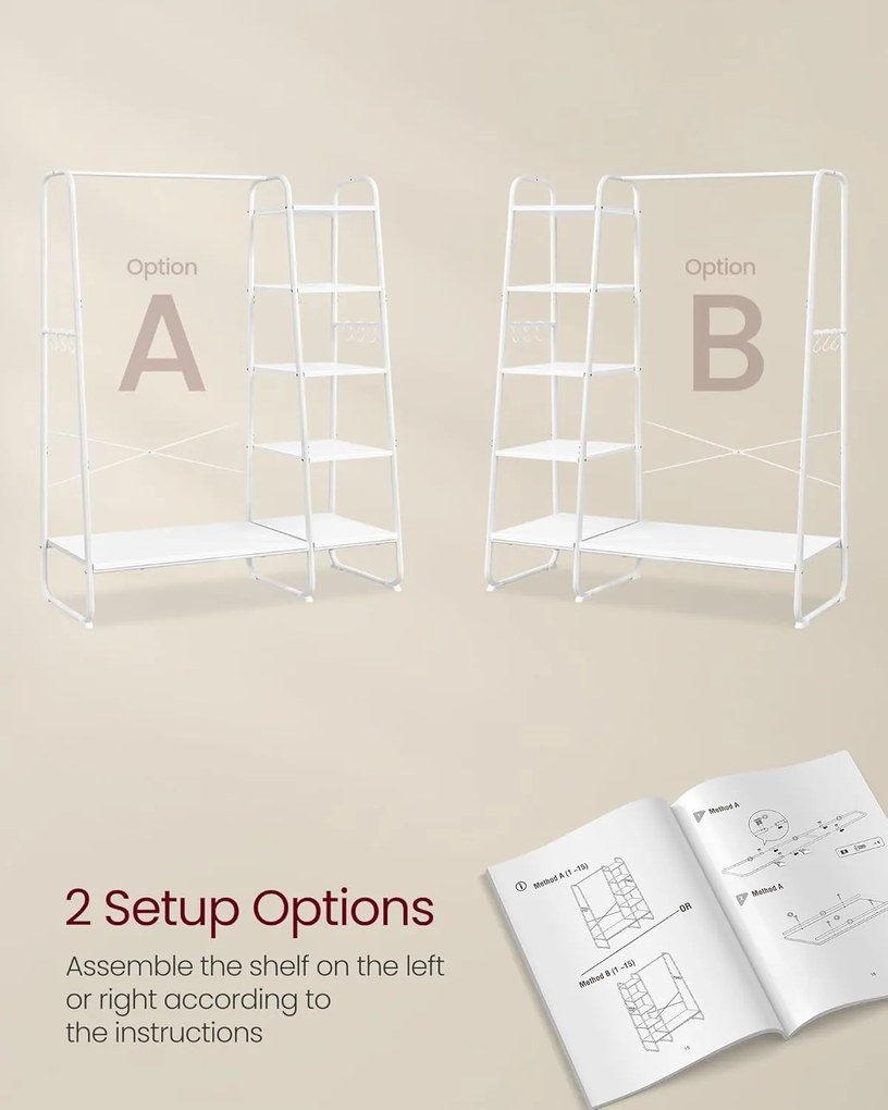 Ruhatartó állvány cipőtartóval, 5 szintes tárolópolccal, 45 x 120 x 160 cm, fehér