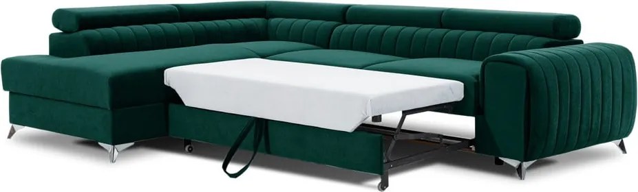 Zöld bársony kinyitható-tárolóhelyes sarokkanapé (bal oldali-L alakú) Laurence – ELTAP
