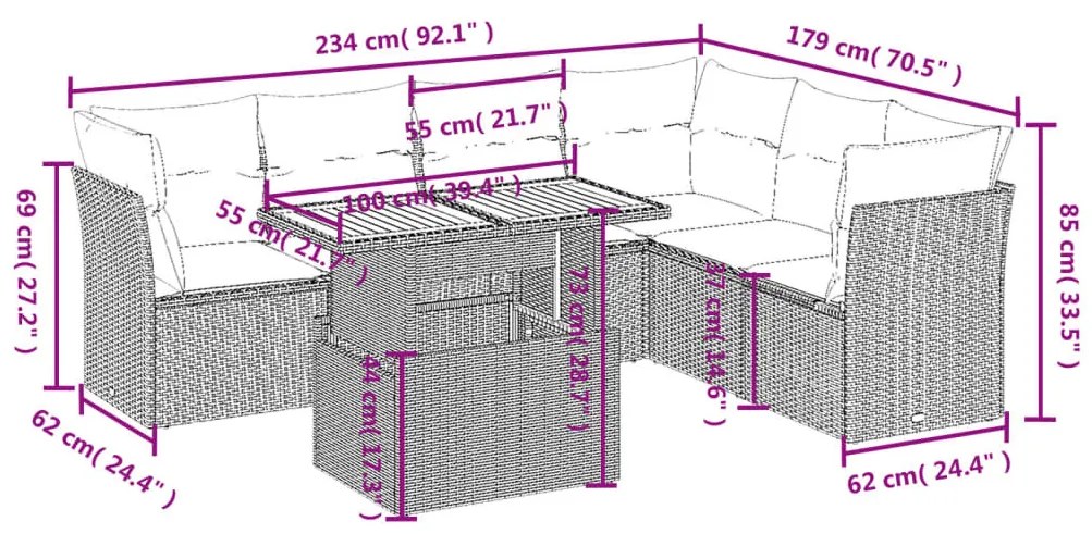 7 részes fekete polyrattan kerti ülőgarnitúra párnával