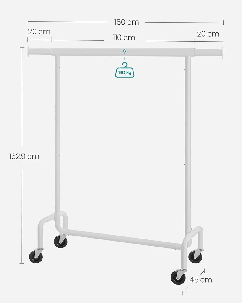 SONGMICS gurulós ruhatartó állvány, kihúzható ruharúd, max. 130 kg terhelhetőség, matt fehér
