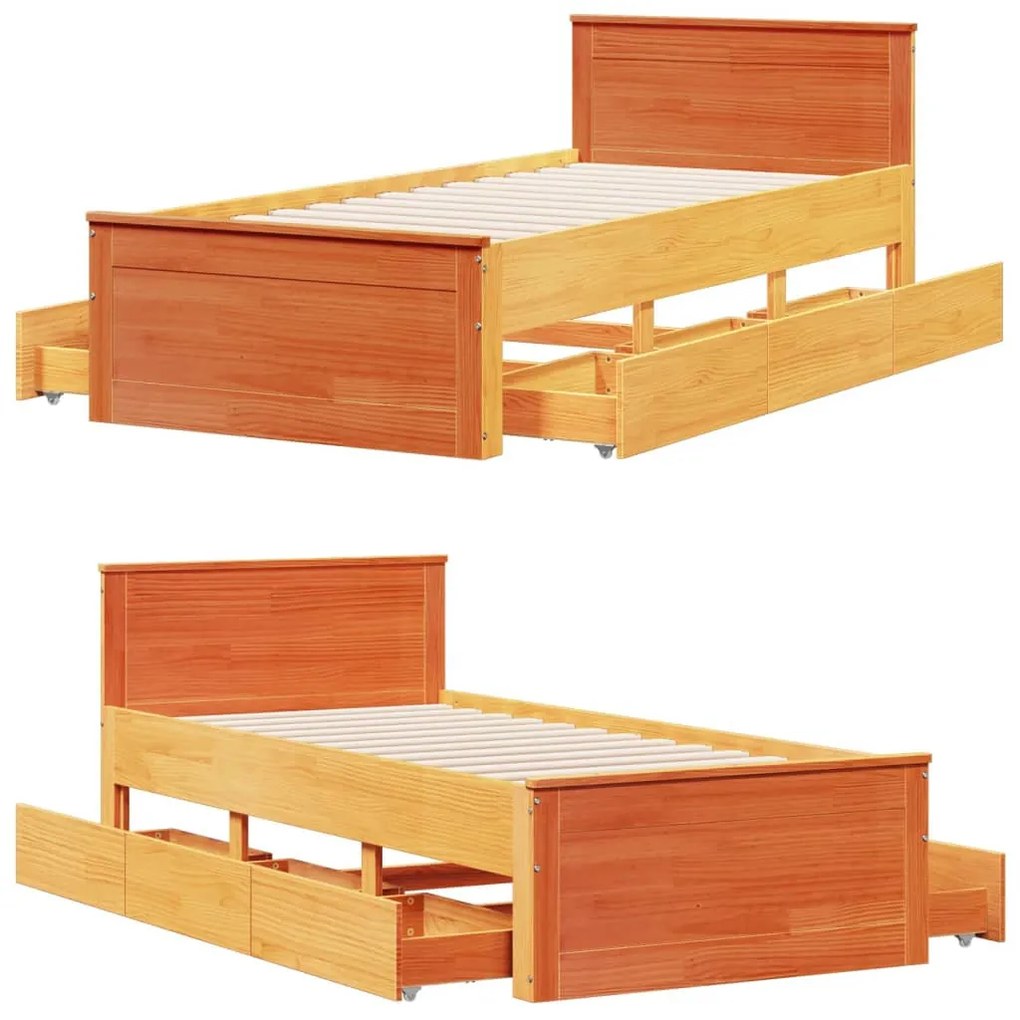 barna tömör fenyőfa ágy matrac nélkül fejtámlával 100 x 200 cm