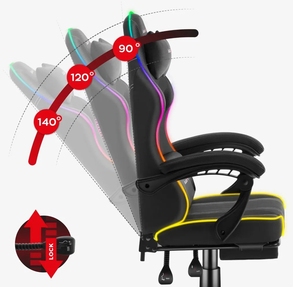 Gamer szék Space RGB lábtartóval fekete