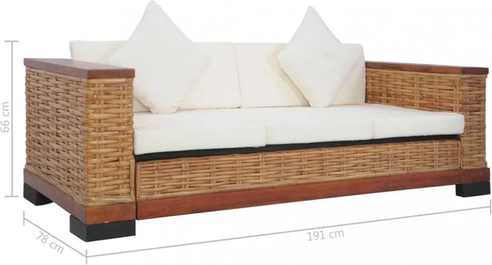3 személyes barna természetes rattan kanapé párnával