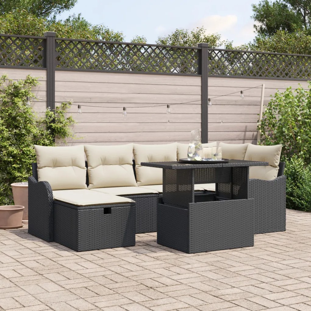 7 Darabos Kerti Sofaszett Párnákkal Fekete Poli Rattan, 2 Személyes Kerti Sofa Tárolóval és Párnákkal Fekete Poli Rattan