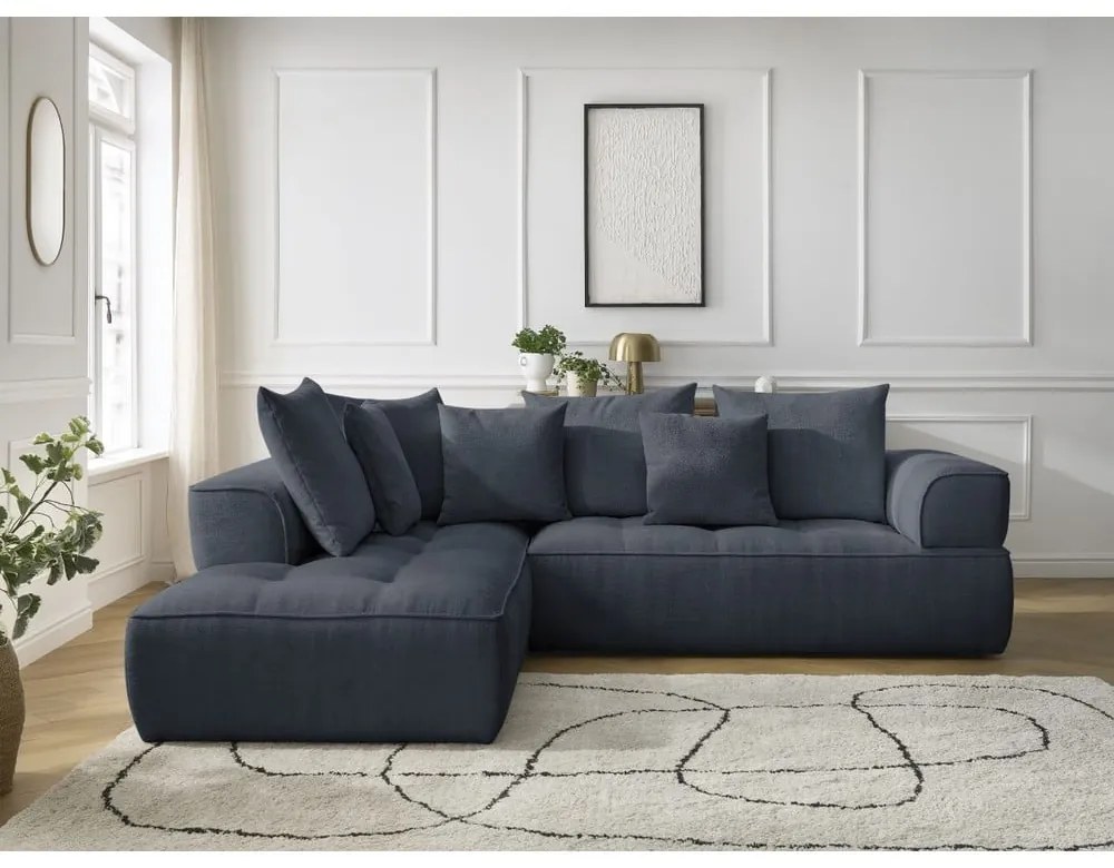 Sötétkék zsenília sarokkanapé (bal oldali-L alakú) Whesley – Bobochic Paris