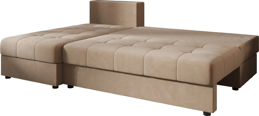 Ágyazható, kétoldalas L alakú kanapé VENORIA SLIM 200x143 cm, bézs színű + 2 db díszpárna INGYEN