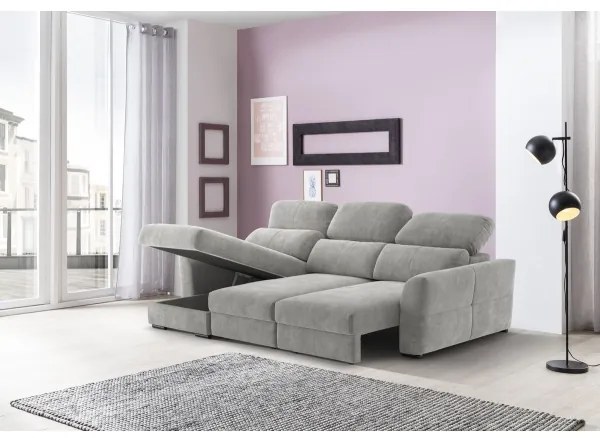 Univerzális kihúzható háromszemélyes sarokkanapé tárolóval TRENTO világosszürke