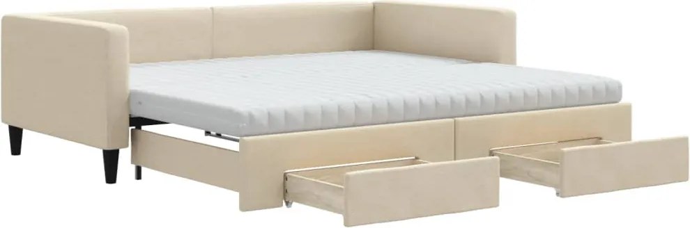 vidaXL krémszínű kihúzható szövet heverő fiókkal 100x200 cm