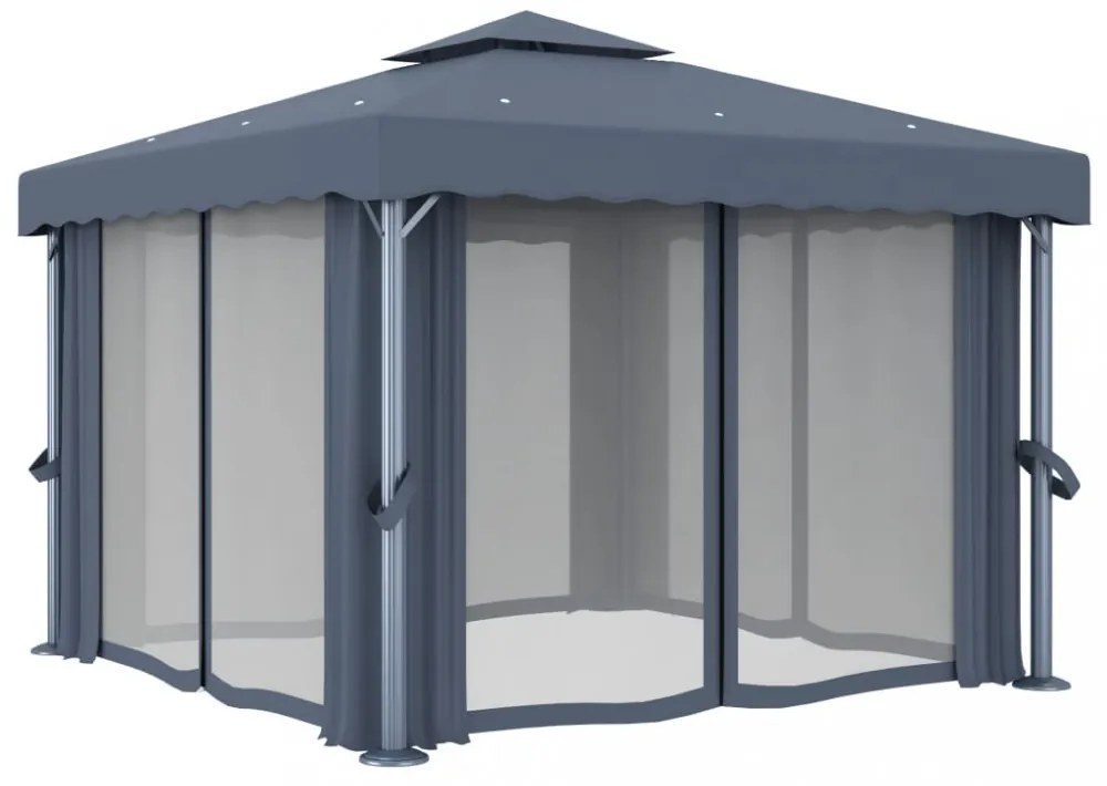 antracitszürke pavilon függönnyel és LED fényfüzérrel 3 x 3 m