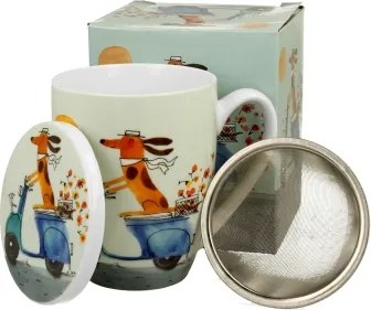 Porcelán Bögre Szűrővel 360 ML Modern Kutya Világ Kutya Mopeden