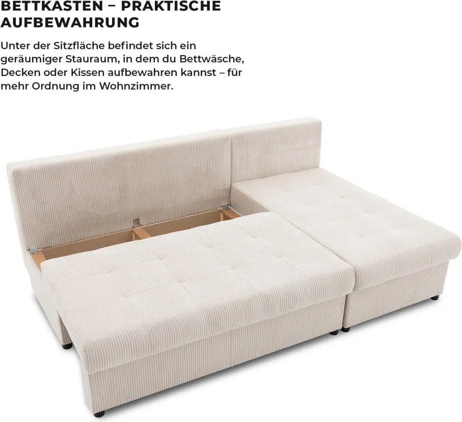 Venezia sarokkanapé, kordbársony, univerzális oldal, bonell töltet, bézs