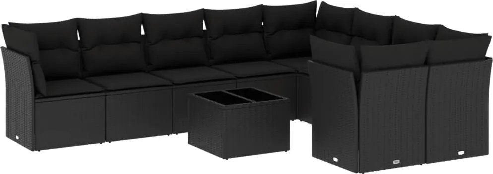 vidaXL 10 részes fekete polyrattan kerti ülőgarnitúra párnákkal