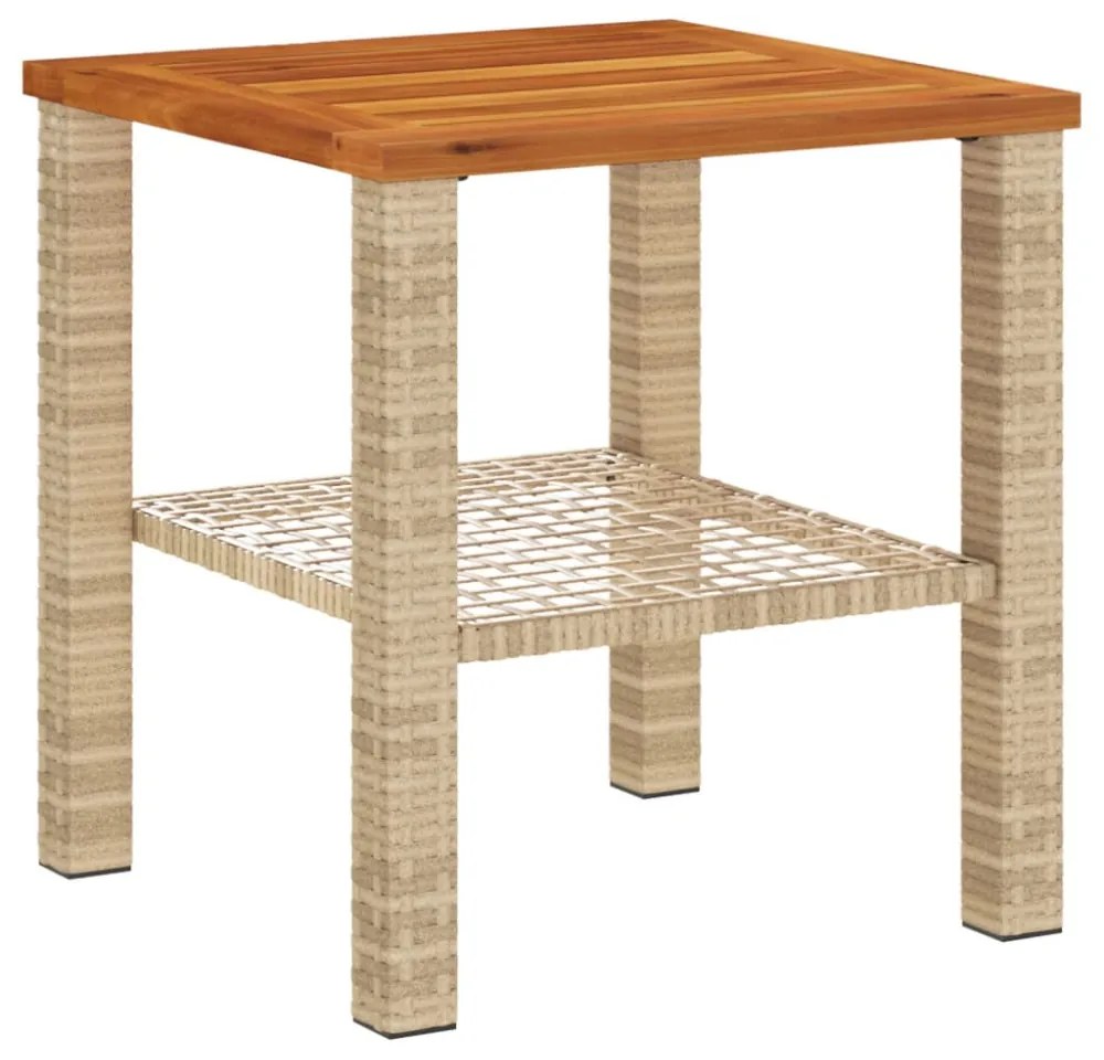 bézs polyrattan és akácfa kerti asztal 40 x 40 x 42 cm