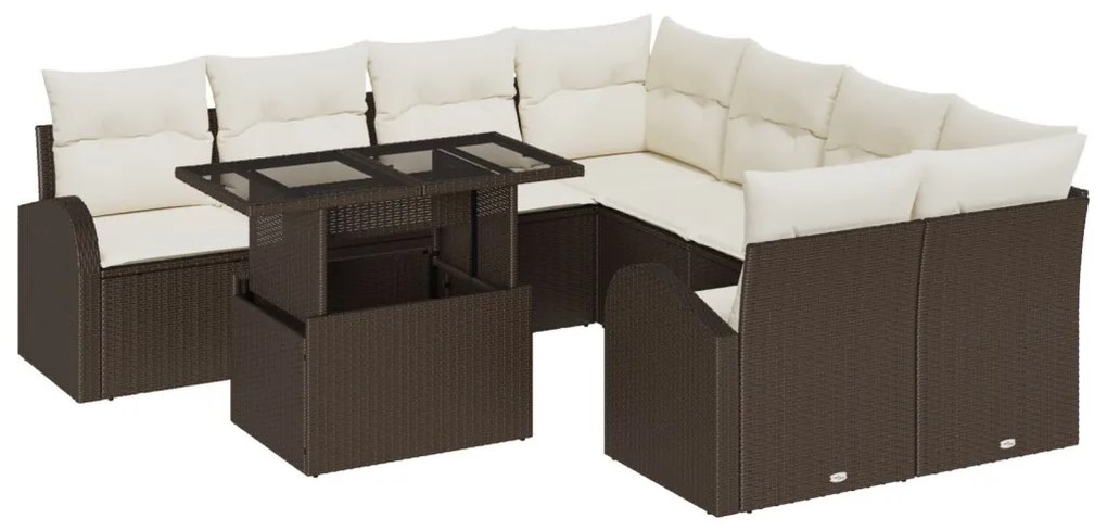 9 darabos kertiszófa szett párnákkal barna poli rattan, 2 személyes kertiszófa tárolóval és párnákkal barna poli rattan