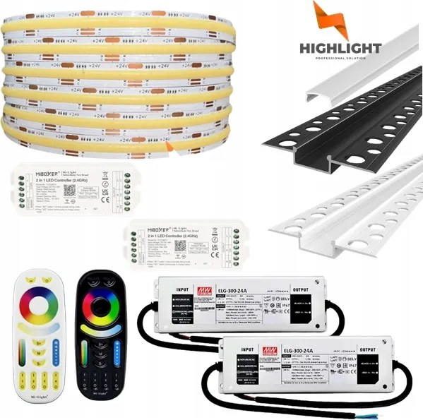 30m Homlokzati szett Led szalag Cob Cct 16W 24V IP65 Profil Fehér/Fekete