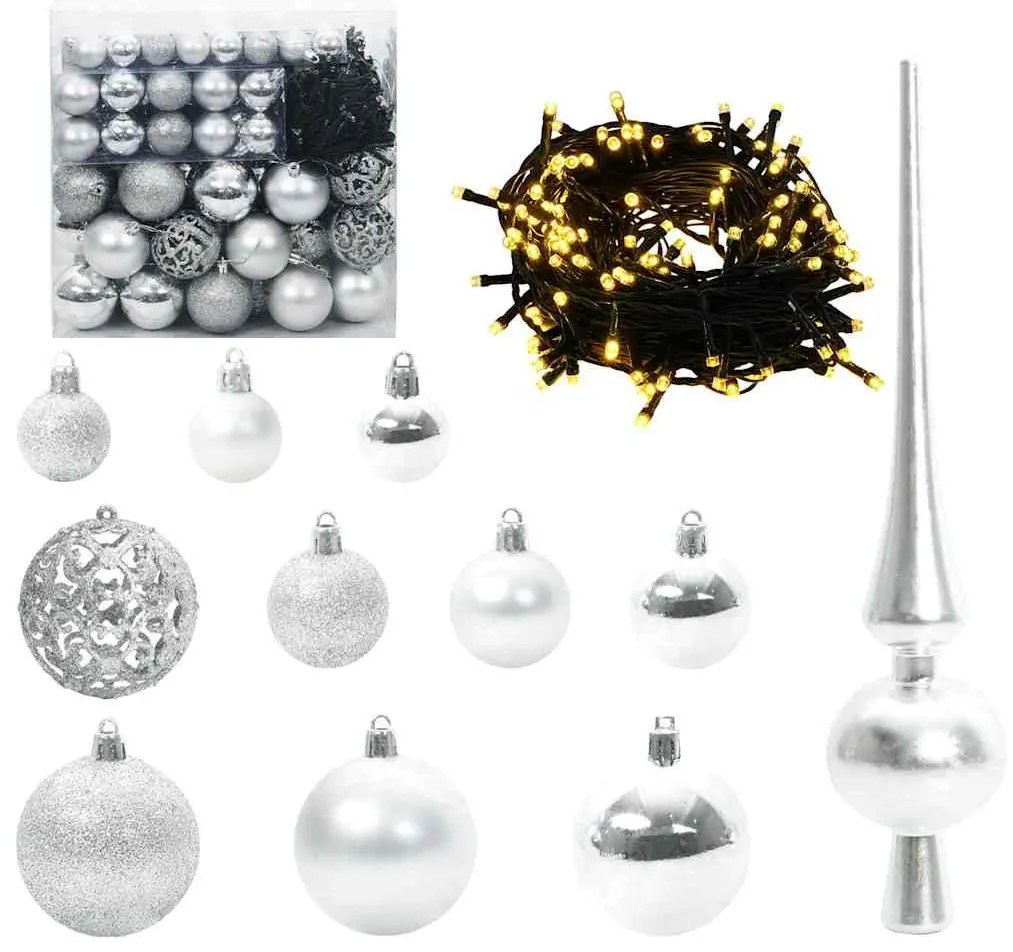 Karácsonyi Díszgömb Készlet 300 LED-del 120 pcs Ezüst Műanyag