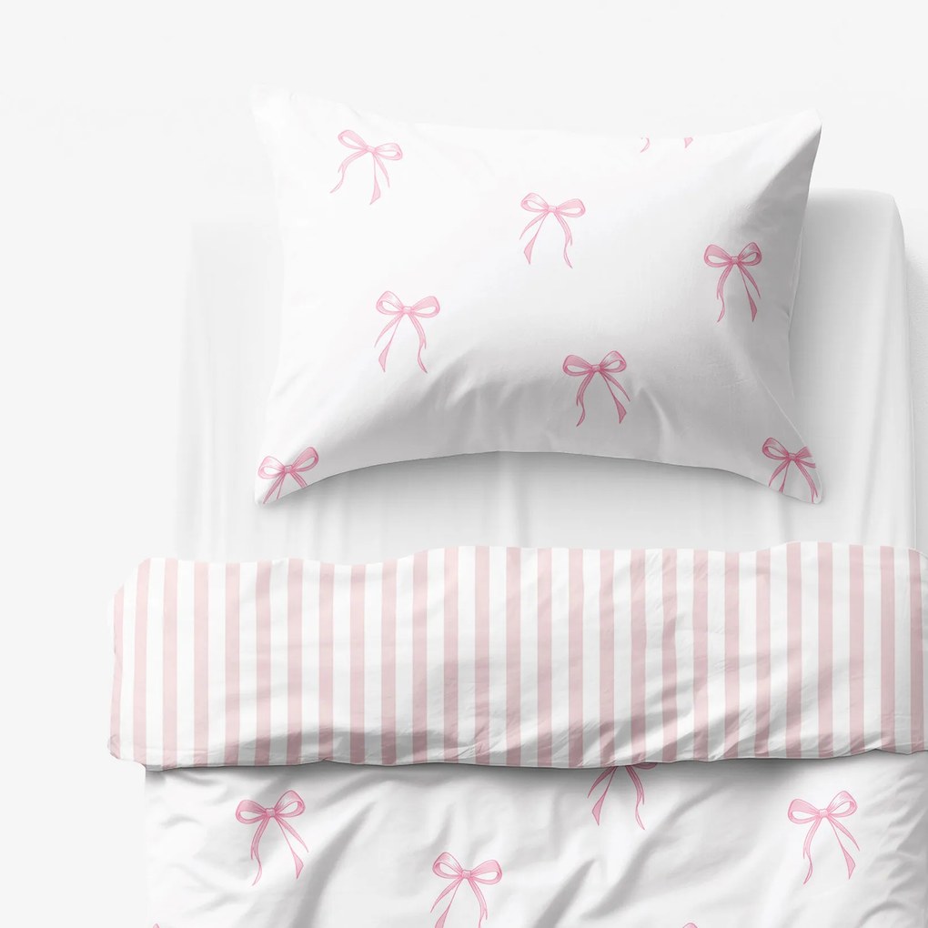 Goldea gyermek pamut ágyneműhuzat - masnik, púderrózsaszín csíkos hátoldal 150 x 200 és 50 x 60 cm