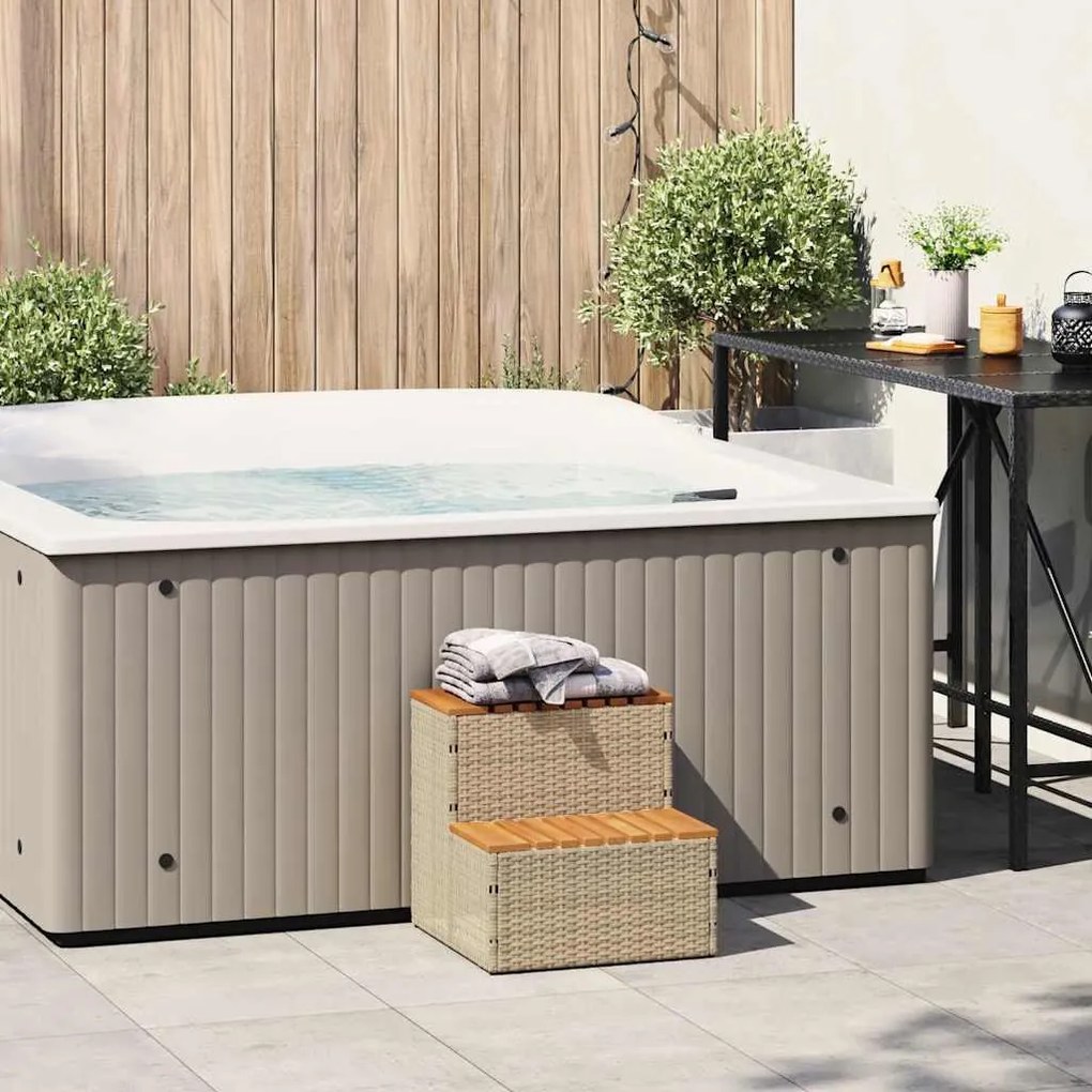 Pezsgőfürdő lépcső bézs 50x50x50,5cm polyrattan és akácfa