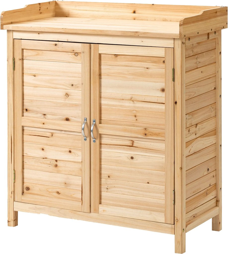 Outsunny Fa Kerti Szekrény Kültéri Tároló Műhely 2 Ajtóval, Polccal és Emelt Lábakkal Teraszra, Patio 83x40x92 cm Természetes | Aosom