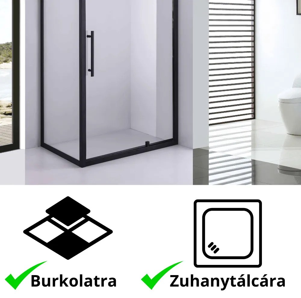 Stuxi Torino Black 120x80 aszimmetrikus szögletes nyílóajtós zuhanykabin 6 mm vízlepergető biztonsági üveggel, matt fekete elemekkel, 200 cm magas