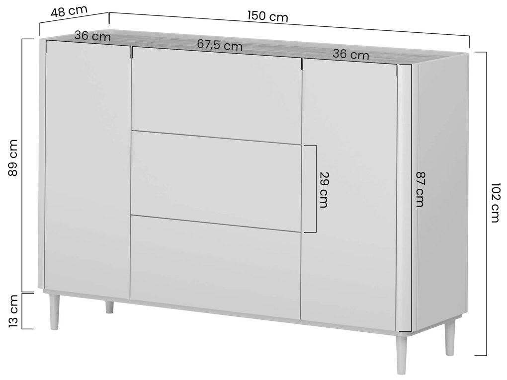 Elivo komód 150 cm fiókokkal, fém lábakon - eukaliptusz / baltic dune tölgy