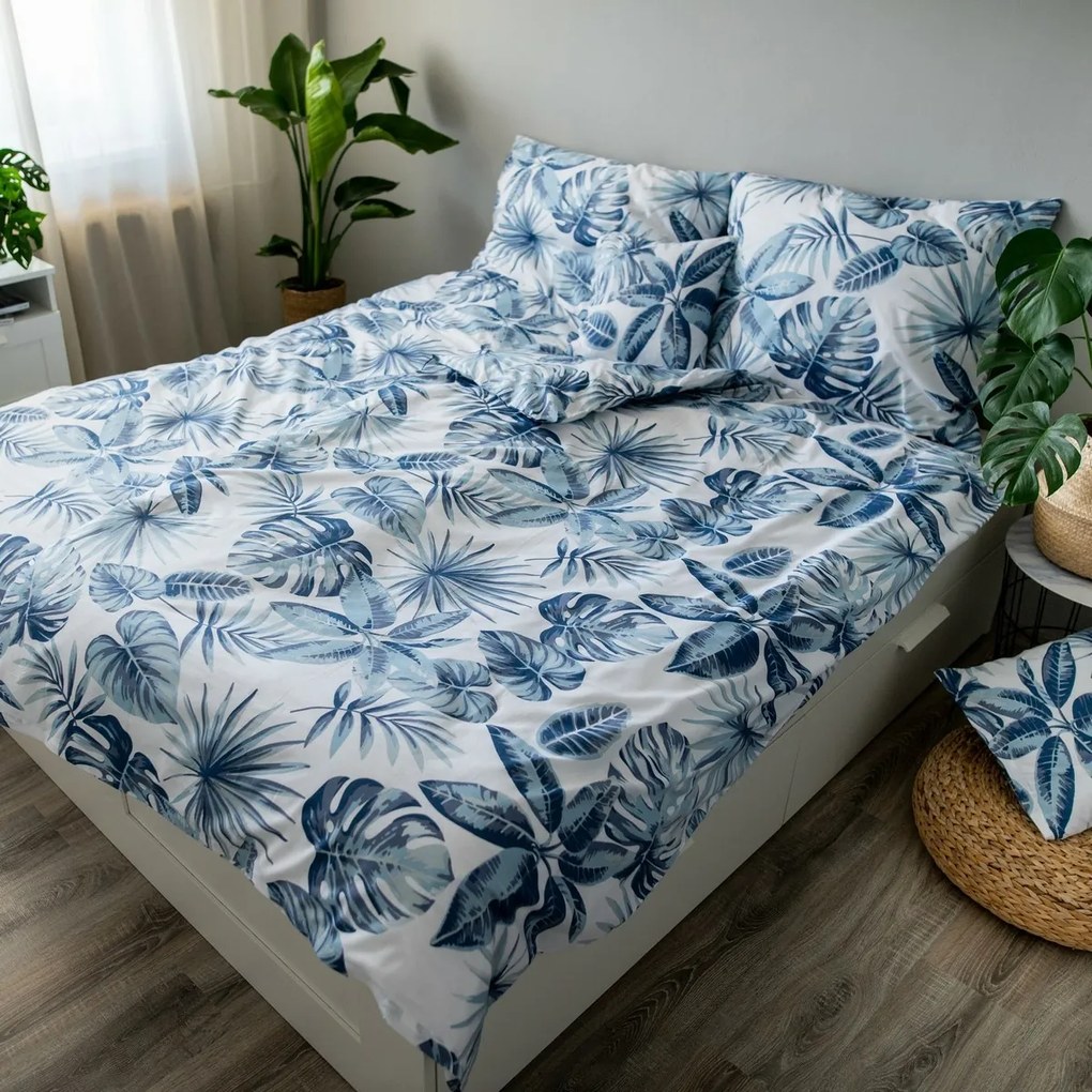 Monstera pamut ágynemű, blue, 140 x 200 cm, 70 x 90 cm, 40 x 40 cm