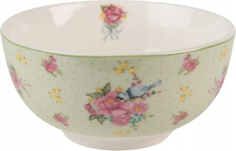 Zöld porcelán tál virágokkal és madárkával Cheerful Birdie 500 ml