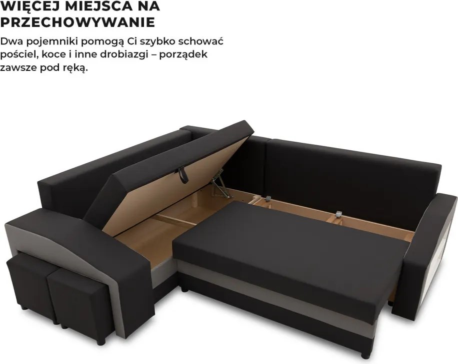 Grande sarokkanapé polcokkal és puffokkal , polc a jobb karfaban puffok a bal karfaban, baloldali, szövet anyag, bonell töltet, fekete - szürke
