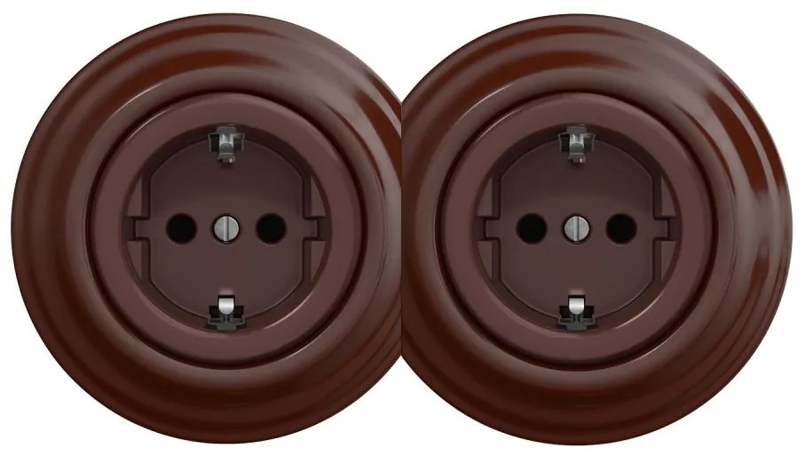 Kliklap - dupla retro háztartási fali aljzat kerettel, SCHUKO 230 V, barna