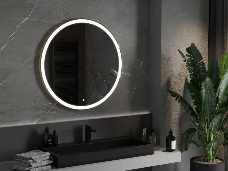 Mexen Esso kerek LED háttérvilágítású fürdőszobai tükör 90cm 6000K páramentes fűtőbetét arany keret 9825-090-090-611-50