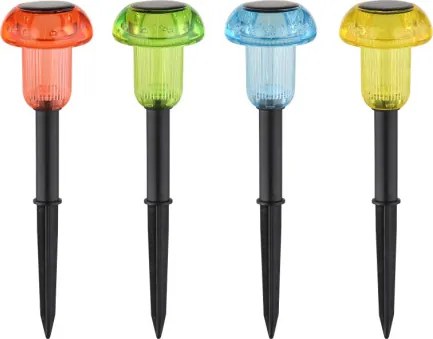 Globo 33987-4 Solar lámpa, műanyag fekete matt, műanyag átlátszó, akkumulátorral: AAA 150mAh 1,2V, IP44, ø: 62mm, M: 137mm, leszúrható tüske: 10cm, 4 db-os szett, tartozék: LED 0,05W 3V, 1-1 db piros LED, kék LED, zöld LED, sárga LED