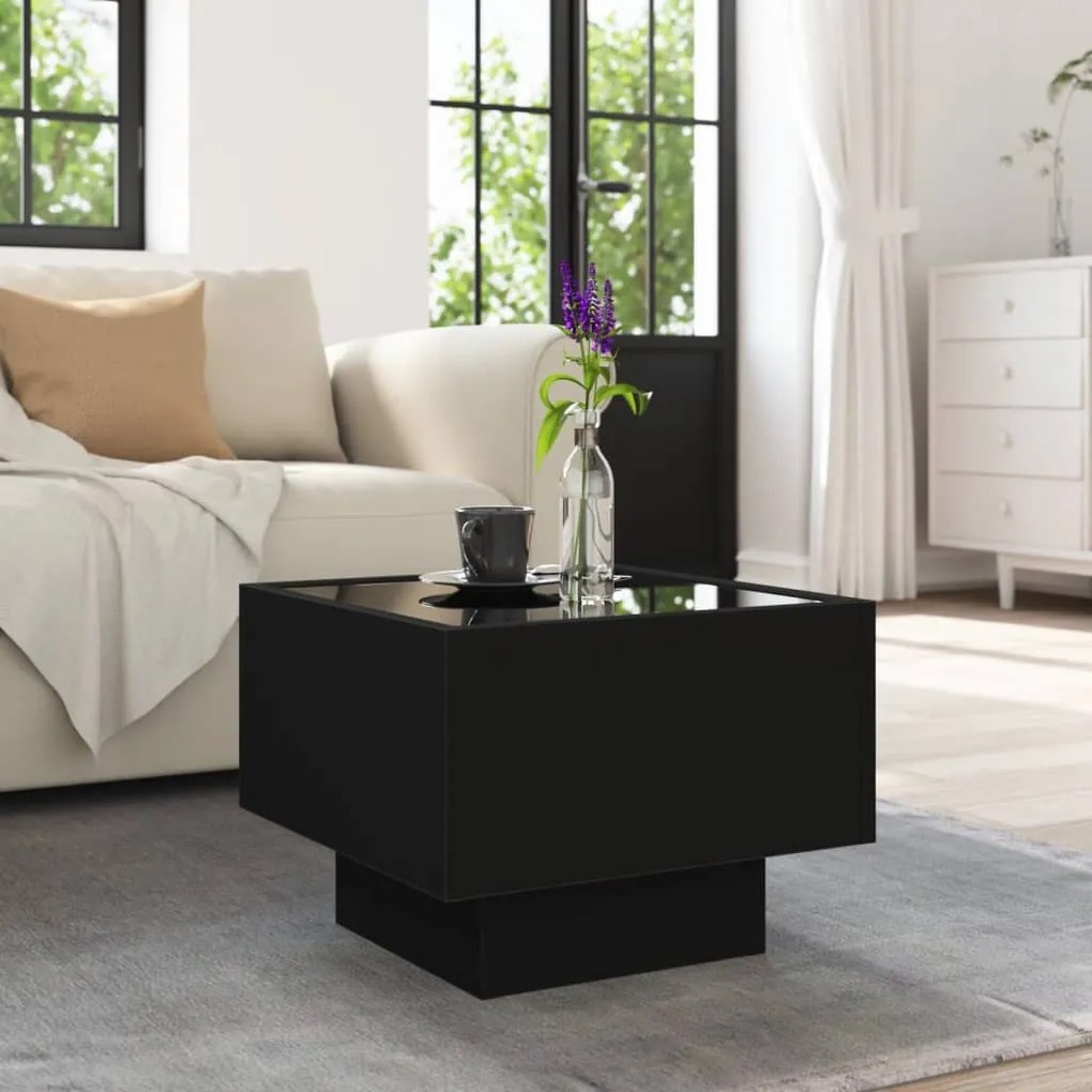 Fekete szerelt fa kisasztal LED-del 40 x 40 x 30 cm