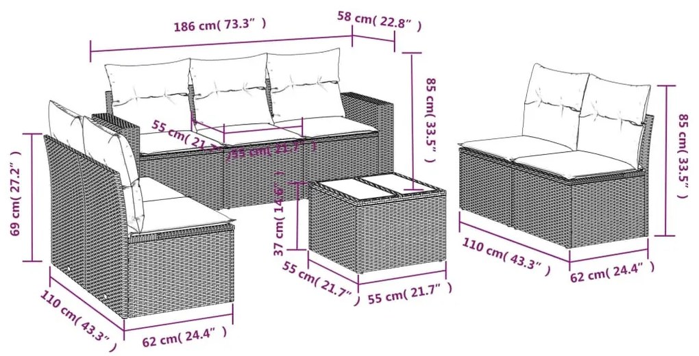 8 részes szürke polyrattan kerti ülőgarnitúra párnákkal