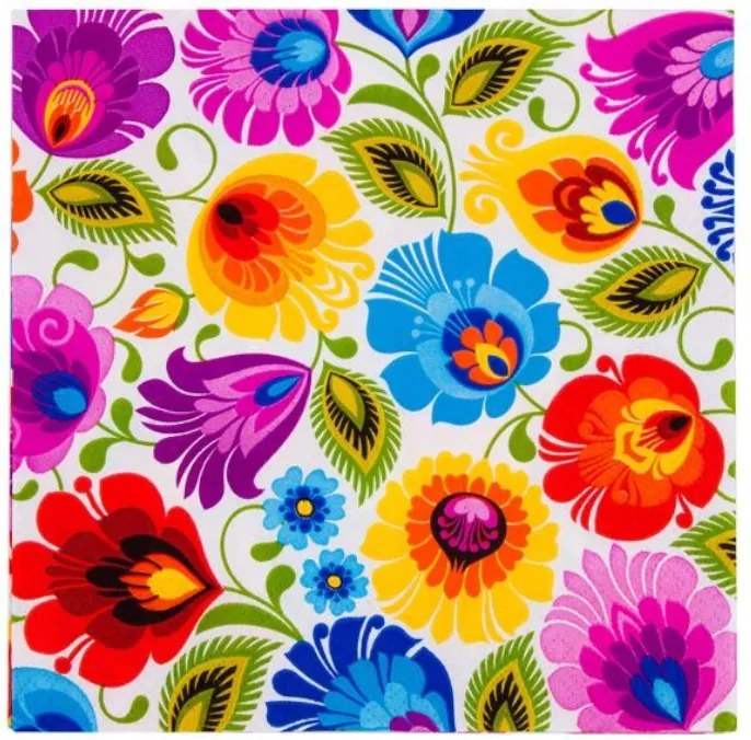 Papírszalvéták – fehér alapon népi virágmintás, 20 darab, 33×33 cm