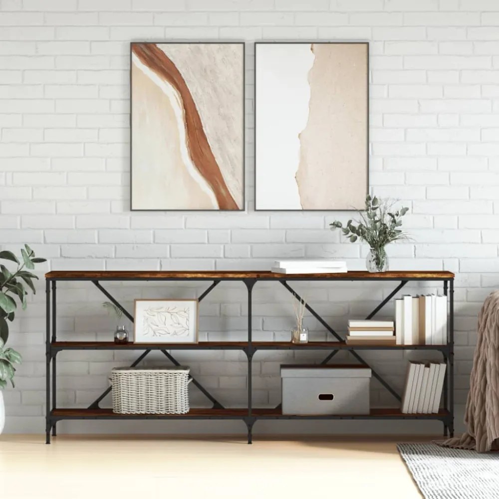 füstös tölgy színű szerelt fa és vas tálalóasztal 180x30x75 cm