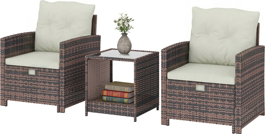 Outsunny 5 részes műrattan kerti szett – 2 helytakarékos puff, 2 fotel, 2 szintes üvegasztal párnákkal – barna/krém | Aosom